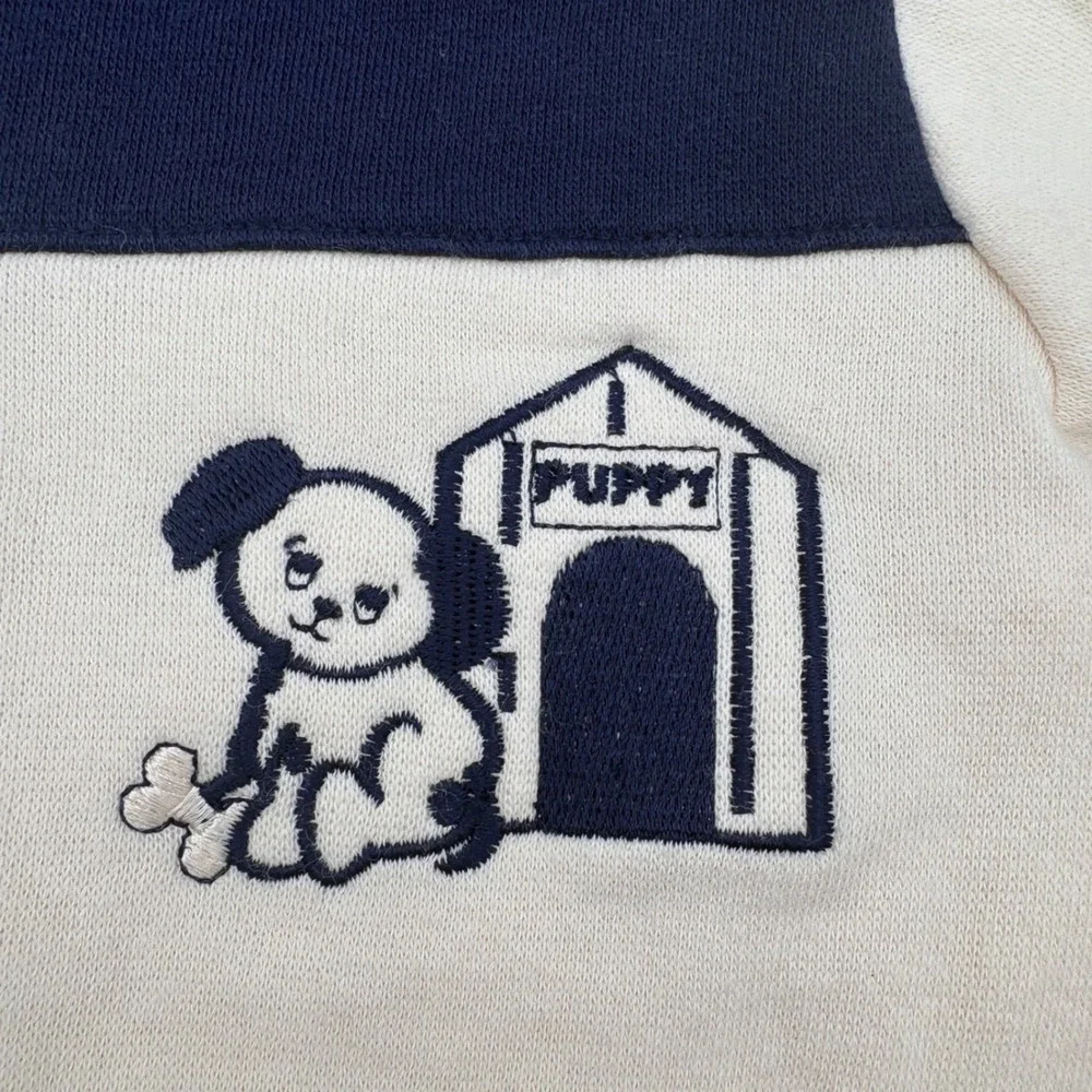 VTG Miniwear Baby Hooded Romper Cream Navy Puppy Embroidery 0-3M Fleece Lined‎